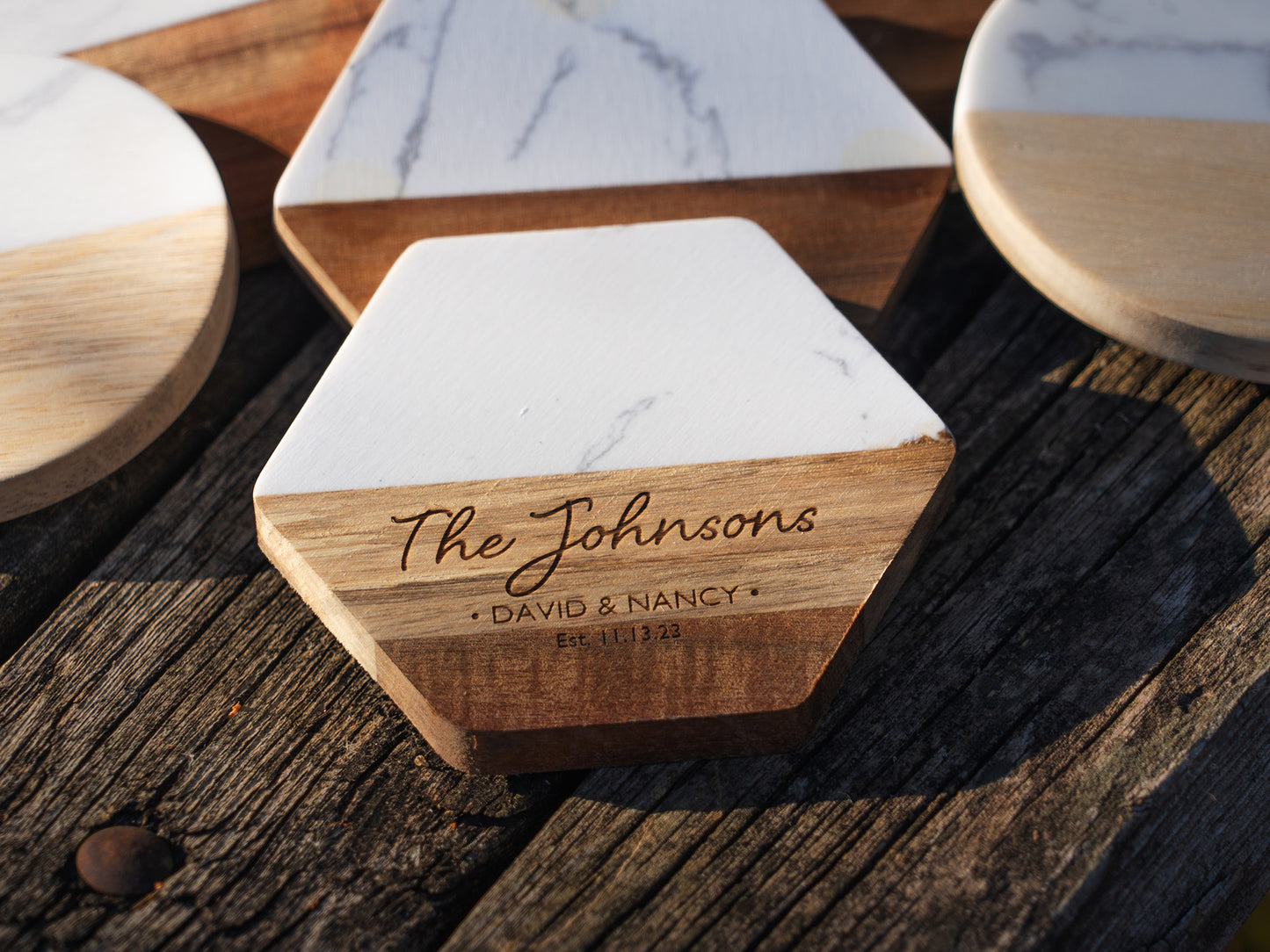 Personalized Marble and Wood Coasters