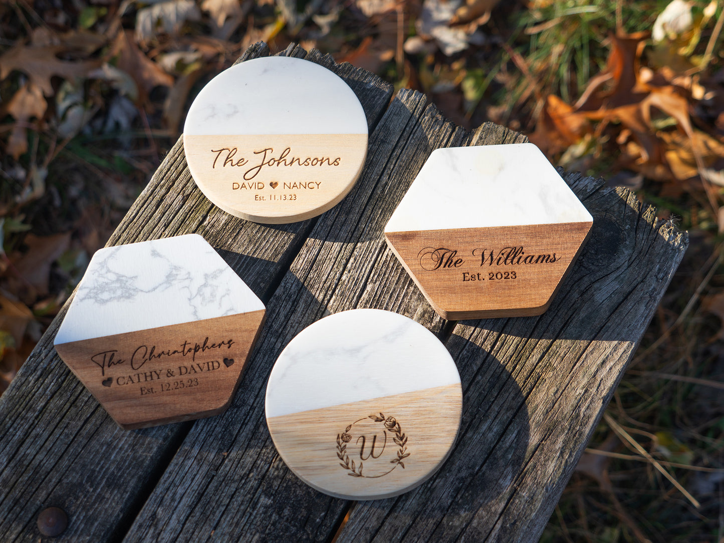 Personalized Marble and Wood Coasters