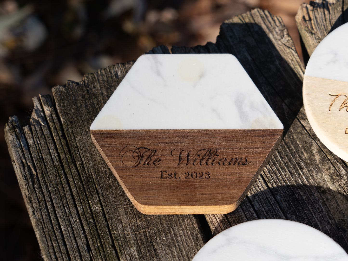 Personalized Marble and Wood Coasters