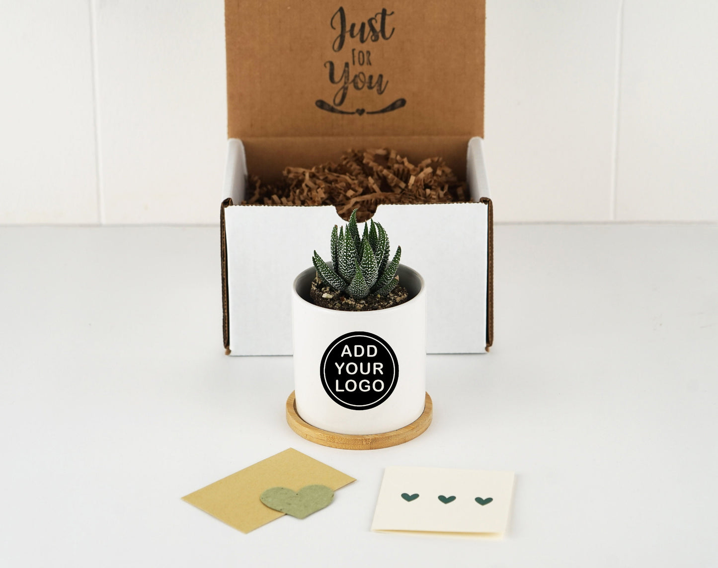 Planter With Custom Business Logo - 3 Inch White Ceramic Pot w/ Bamboo Tray - Personalized Corporate Gift - Company Gift - Co-worker Gift
