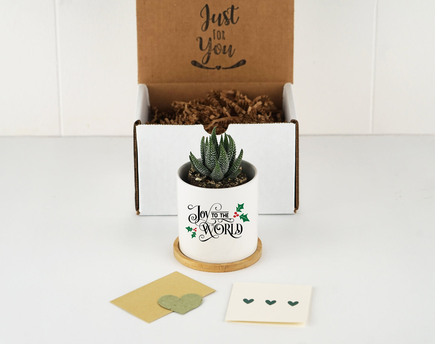 Christmas Decor Joy To The World Planter - 3" White Ceramic Pot w/ Bamboo Tray - Holiday Decor - Christmas Decoration - Home Decor