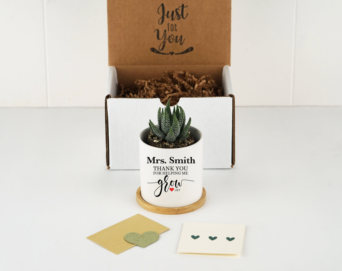 Personalized Planter Teacher Gift - Thank You For Helping Me Grow Gift - 3" White Pot w/ Bamboo Tray- Graduation Gift, Teacher Gift Gift Box
