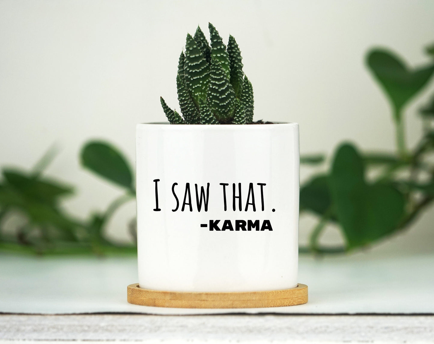 Karma Planter - 3" White Ceramic Pot w/ Bamboo Tray - Karma Gift, Funny Karma Planter, Spiritual Gift, Gift For Her, Boho Gift, Home Decor