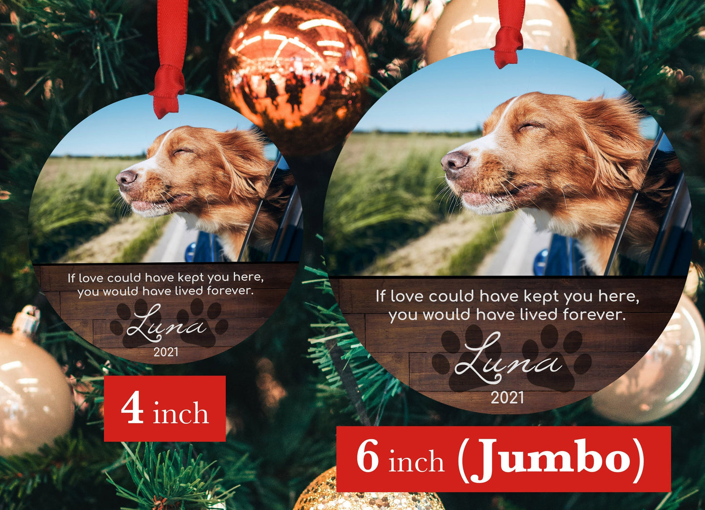 Personalized Pet Sympathy Gift - Christmas Photo Ornament - 4" or 6 (JUMBO)" - Personalized Christmas Ornament - Dog Memorial Photo