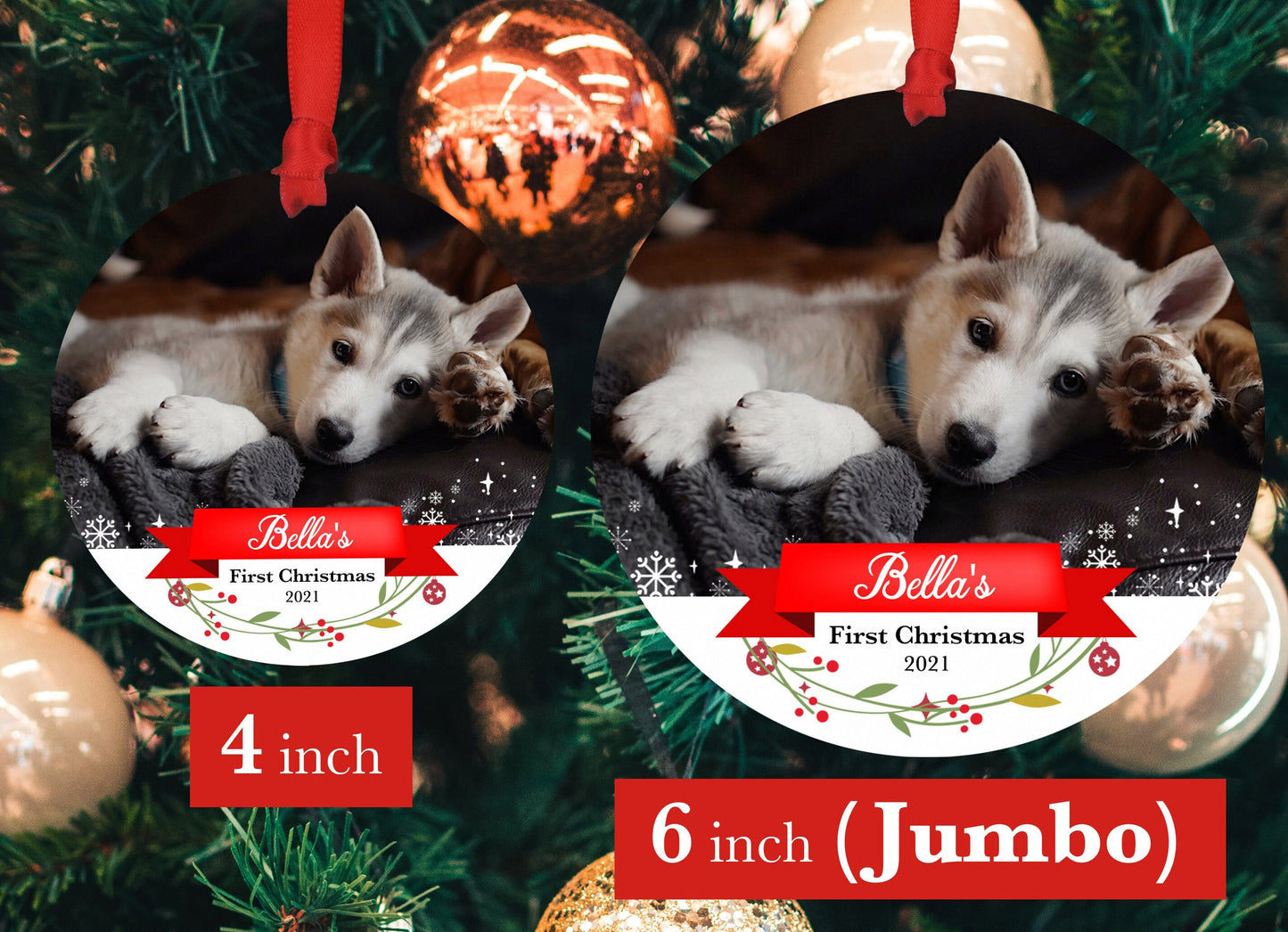Personalized Pet Sympathy Gift - Christmas Photo Ornament - 4" or 6 (JUMBO)" - Personalized Christmas Ornament - Dog Memorial Photo