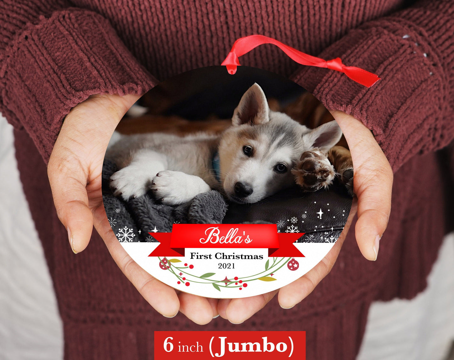 Personalized Pet Sympathy Gift - Christmas Photo Ornament - 4" or 6 (JUMBO)" - Personalized Christmas Ornament - Dog Memorial Photo