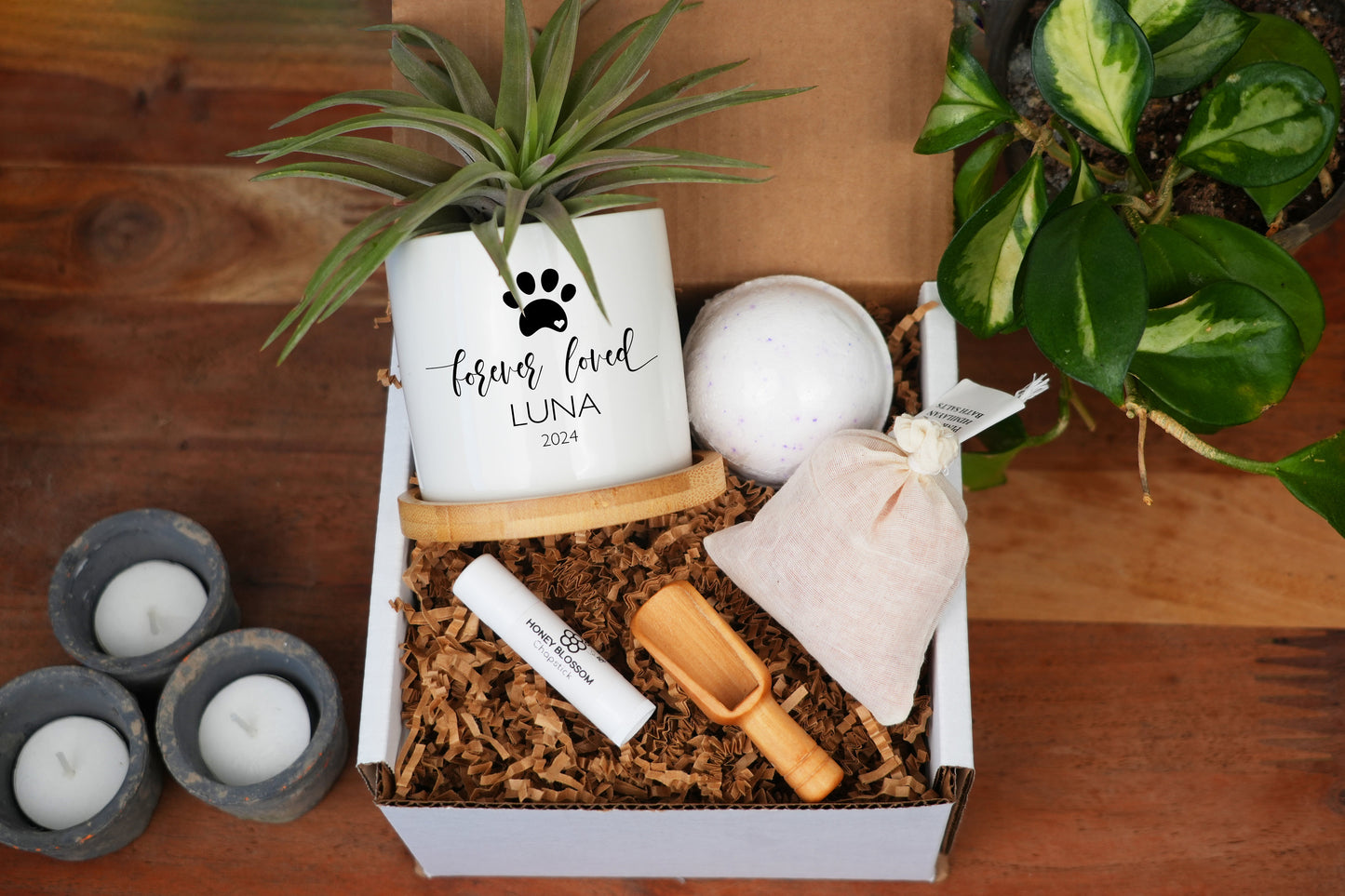Spa Gift Box - Personalized Dog Memorial Gift Planter - 3" White Ceramic Pot w/ Bamboo Tray - "Forever Loved" - Pet Memorial