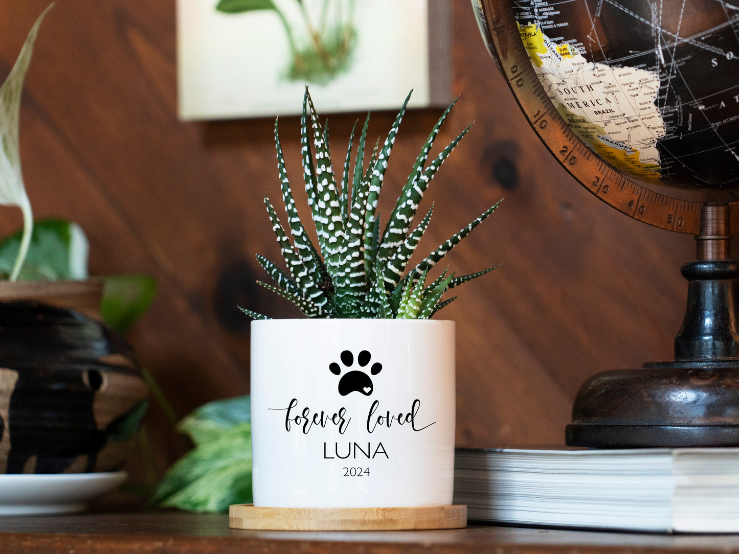 Spa Gift Box - Personalized Dog Memorial Gift Planter - 3" White Ceramic Pot w/ Bamboo Tray - "Forever Loved" - Pet Memorial