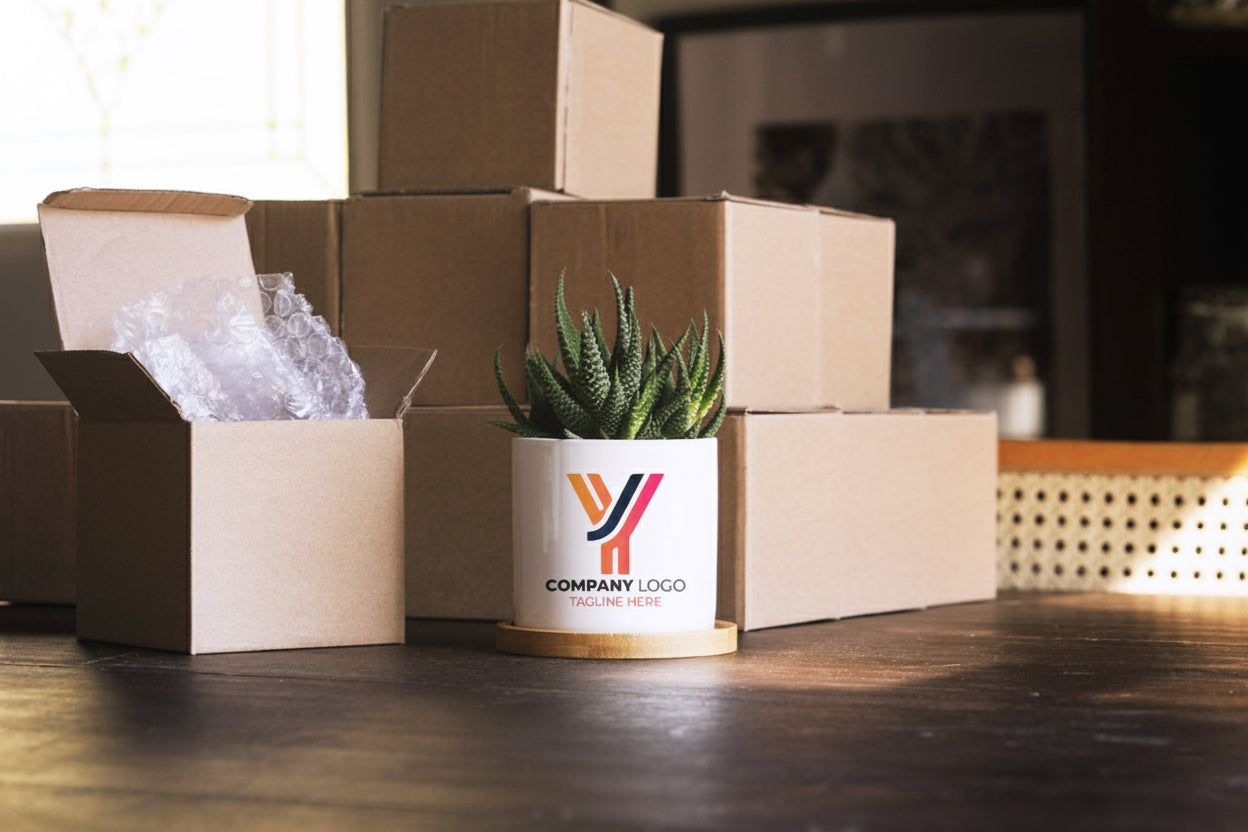 White ceramic planter with custom company logo