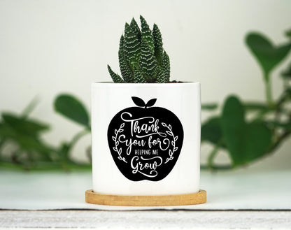 Personalized Teacher Gift - Teacher's Name  - 3" White Ceramic Pot w/ Bamboo Tray - Custom Succulent Pot - Teacher Graduation Gift