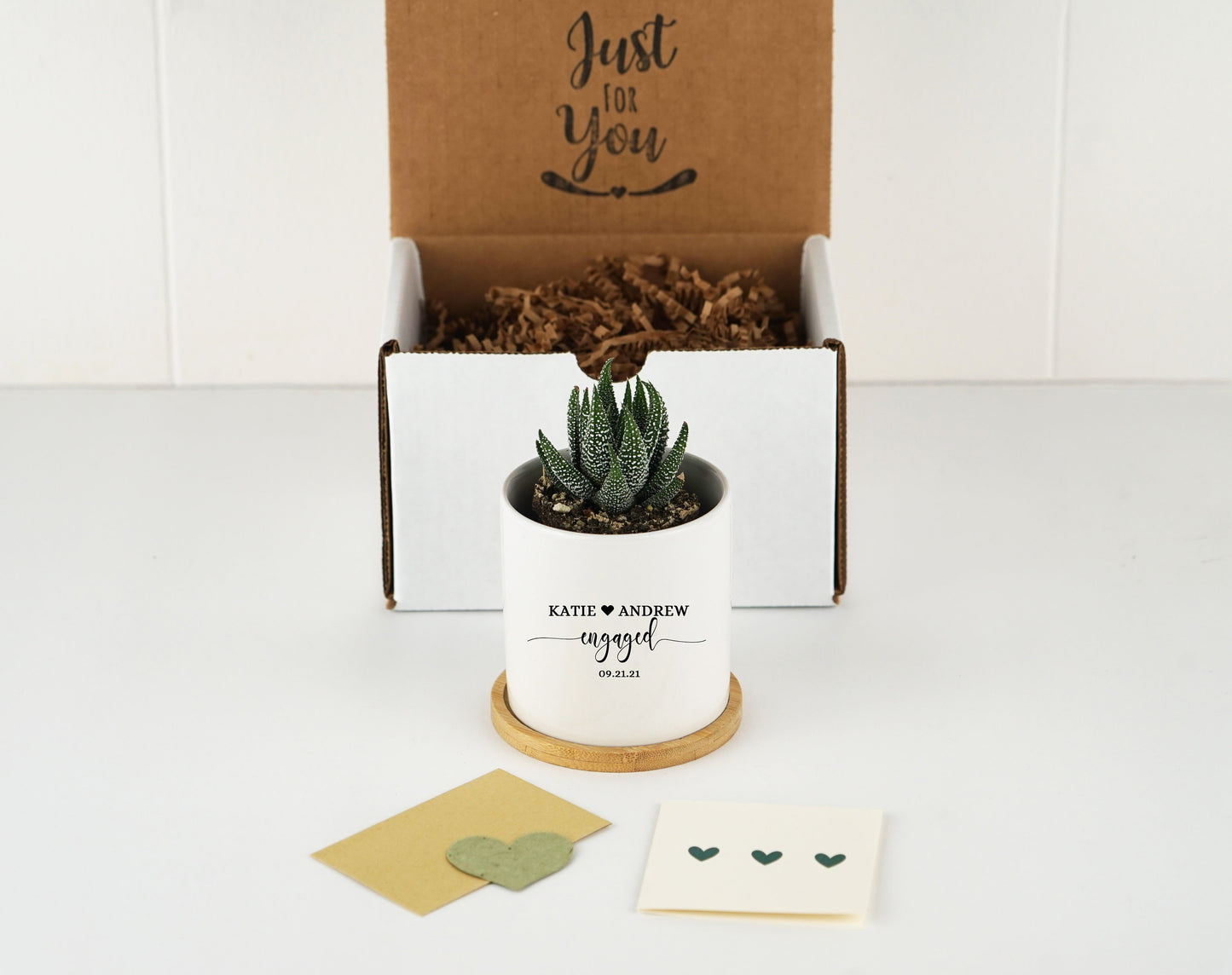 Personalized Planter Engagement Gift Box - 3" White Ceramic Pot w/ Bamboo Tray - Custom Succulent Pot - Engagement Gifts for Couple