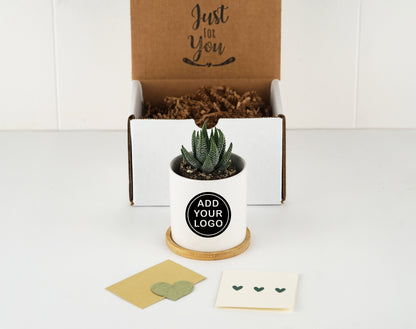 Custom Logo Gift - 3" White Ceramic Pot w/ Bamboo Tray - Corporate Gifts - Company Logo Gift, Logo Gift, Succulent Planter, Custom Planter
