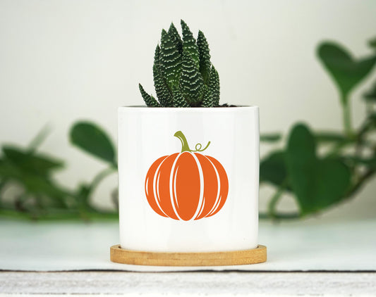Fall Decor Planter - Mini 3" White Ceramic Pot w/ Bamboo Tray - Tier Tray Decor - Autumn Decor - Thanksgiving Decor - Pumpkin Decor