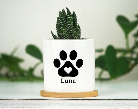 Personalized Dog Memorial Gift Planter - 3" White Ceramic Pot w/ Bamboo Tray - Custom Succulent Pot - Dog Sympathy Gift - Pet Memorial