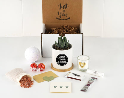 Double Sided Planter With Custom Business Logo (FULL COLOR) - 3" Mini White Ceramic Pot w/ Bamboo Tray - Corporate Gift - Company Gift