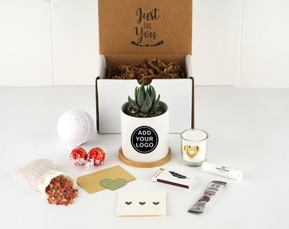 BULK 20+ Corporate Gift - Planter With Custom Business Logo - 3" Mini White Ceramic Pot w/ Bamboo Tray - Company Gift - Co-worker Gift
