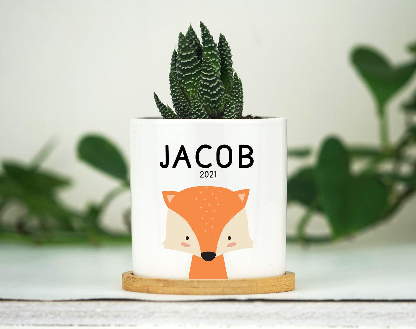 Personalized Baby Name Planter - 3" White Ceramic Pot w/ Bamboo Tray - New Baby Gift - Custom Baby Animal Gift - Kids Name Gift Box - Fox