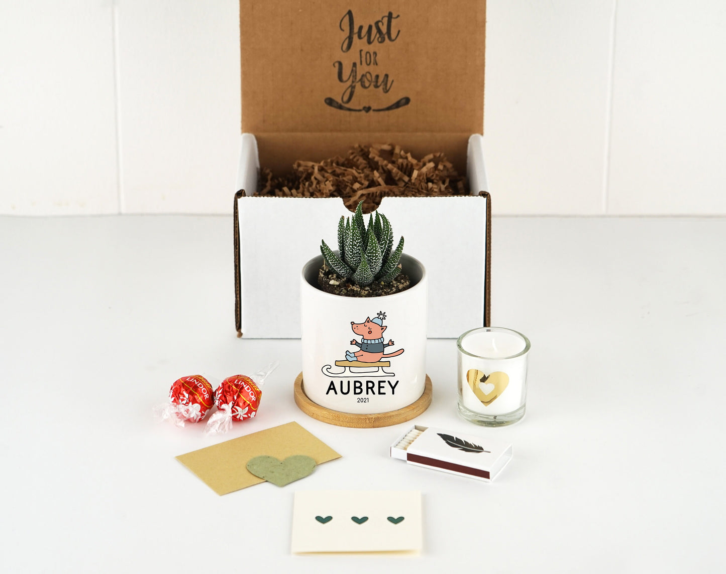 Personalized Christmas Baby Name Planter - 3" White Ceramic Pot w/ Bamboo Tray - New Baby Gift - Kids Name Gift Box - Baby Announcement