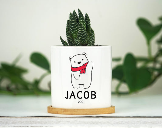 Personalized Christmas Baby Name Planter - 3" White Ceramic Pot w/ Bamboo Tray - New Baby Gift - Kids Name Gift Box - Baby Announcement