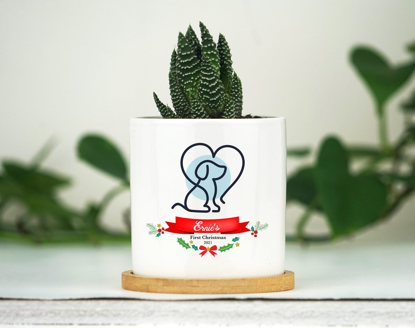 Personalized Dog First Christmas Gift Planter - 3" White Ceramic Pot w/ Bamboo Tray - Dog First Christmas Gift - Pet Memorial