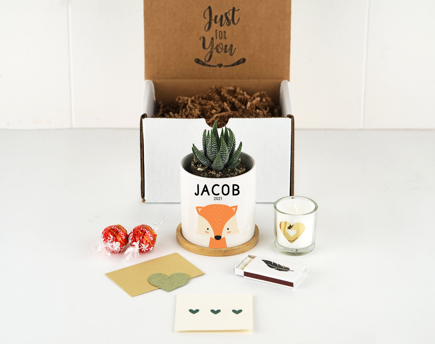 Personalized Baby Name Planter - 3" White Ceramic Pot w/ Bamboo Tray - New Baby Gift - Custom Baby Animal Gift - Kids Name Gift Box - Fox