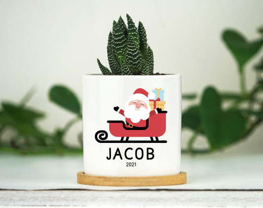 Personalized Christmas Baby Name Planter - 3" White Ceramic Pot w/ Bamboo Tray - New Baby Gift - Kids Name Gift Box - Baby Announcement