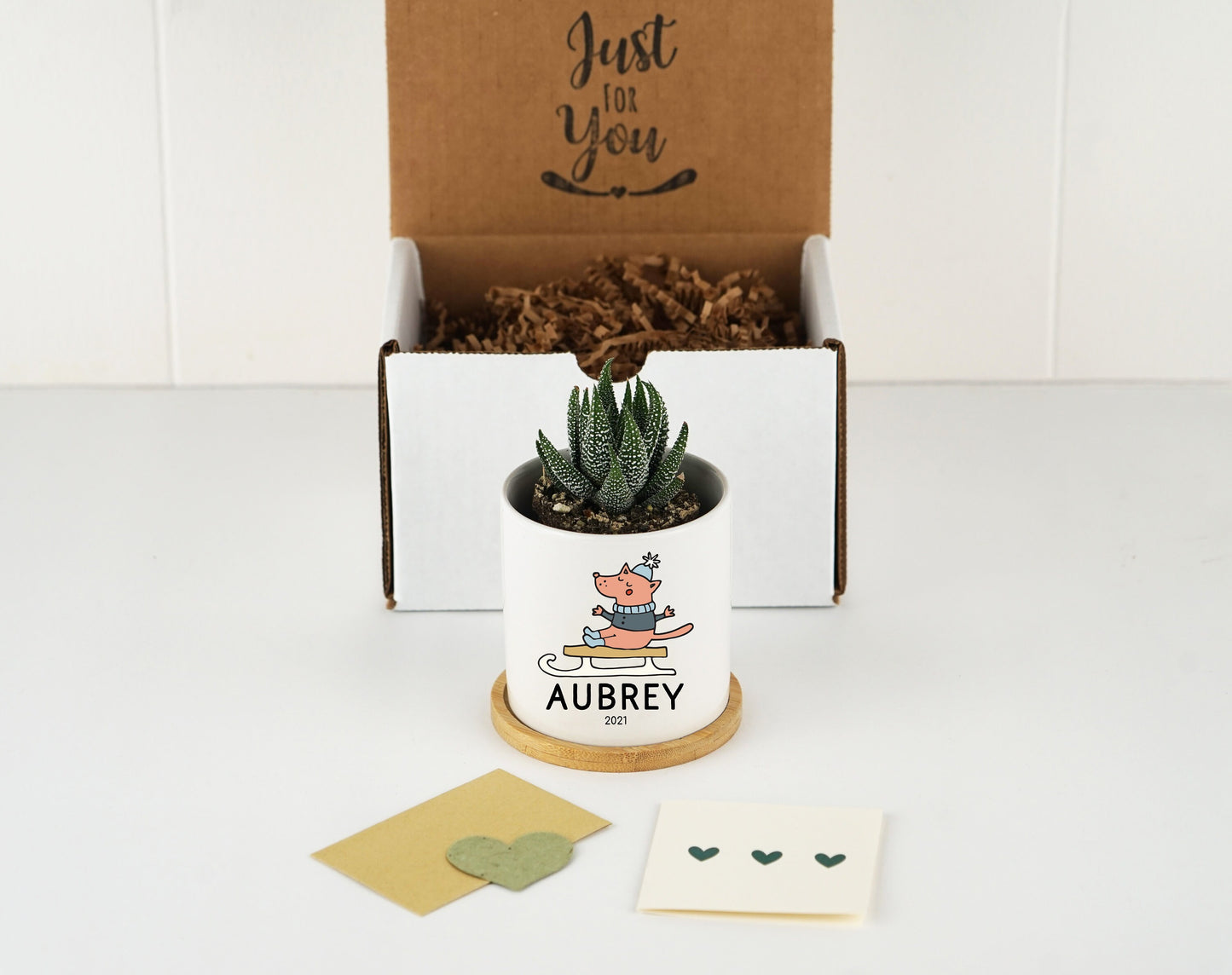 Personalized Christmas Baby Name Planter - 3" White Ceramic Pot w/ Bamboo Tray - New Baby Gift - Kids Name Gift Box - Baby Announcement