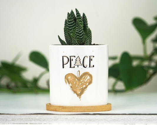 Christmas Decor Peace Planter - 3" White Ceramic Pot w/ Bamboo Tray - Holiday Decor - Christmas Decoration - Home Decor - Table Decor