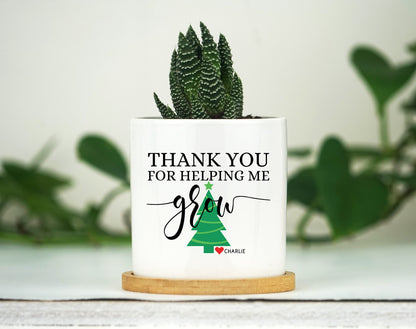 Personalized Teacher Christmas Gift - Thank you Gift - 3" White Ceramic Pot w/ Bamboo Tray - Teacher Appreciation -Teacher Graduation Gift