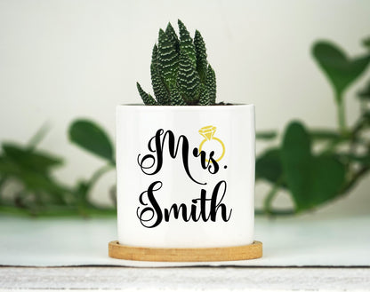 Personalized Planter Engagement Gift - 3" White Ceramic Pot w/ Bamboo Tray - Custom Succulent Pot - Newly Engaged - Future Mr. & Mrs.