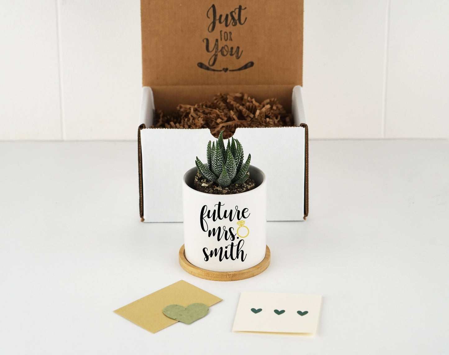 Personalized Planter Engagement Gift - 3" White Ceramic Pot w/ Bamboo Tray - Custom Succulent Pot - Newly Engaged - Future Mr. & Mrs.