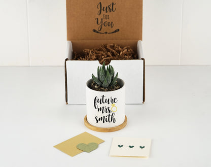 Personalized Planter Engagement Gift - 3" White Ceramic Pot w/ Bamboo Tray - Custom Succulent Pot - Newly Engaged - Future Mr. & Mrs.