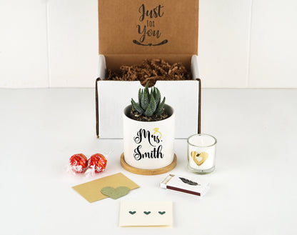 Personalized Planter Engagement Gift - 3" White Ceramic Pot w/ Bamboo Tray - Custom Succulent Pot - Newly Engaged - Future Mr. & Mrs.