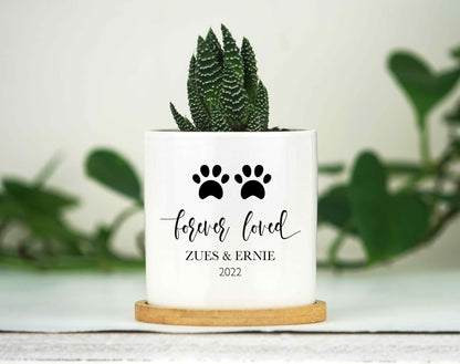 Personalized Dog Memorial Gift Planter - White Ceramic Pot w/ Tray -Forever Loved -Dog Sympathy Gift - Pet Memorial -Two Dogs - Multiple Pet