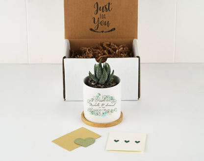 Personalized Engagement Gift - 3" White Ceramic Pot w/ Bamboo Tray - Custom Succulent Pot - Newly Engaged, Wedding Gifts Bridal Shower Gifts