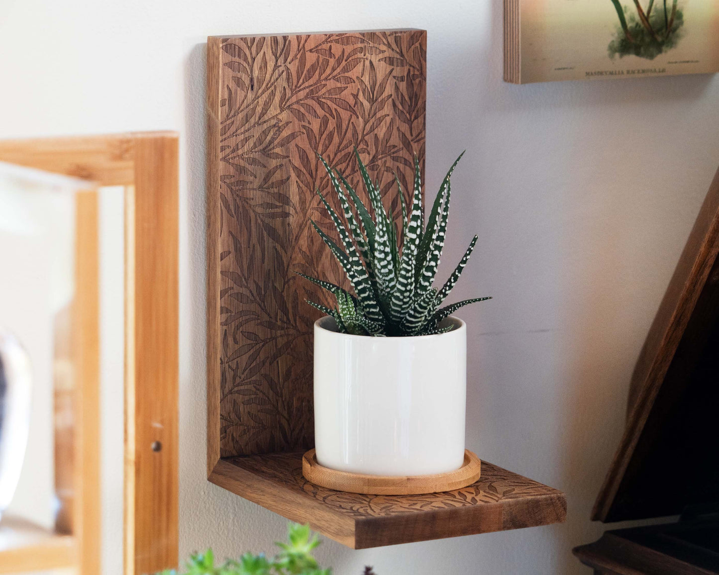 Wooden Plant Shelf - Engraved Floral Pattern - Plant Hanger, Shelves on Wall for Decor, Floating Shelf, Hanging Plant Shelf, Wall Planter