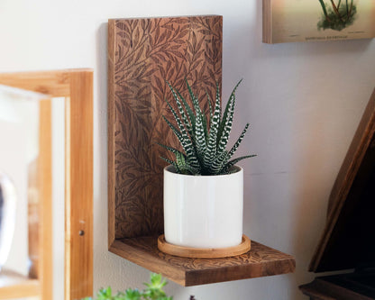 Wooden Plant Shelf - Engraved Floral Pattern - Plant Hanger, Shelves on Wall for Decor, Floating Shelf, Hanging Plant Shelf, Wall Planter