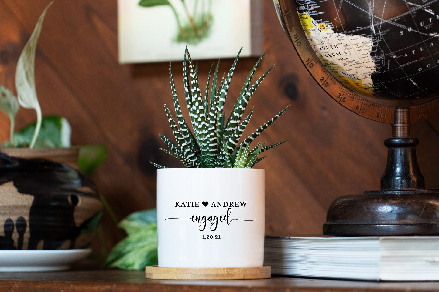 Personalized Engagement Gift - 3" White Ceramic Pot w/ Bamboo Tray - Custom Succulent Pot - Newly Engaged Couple Gift - Wedding Gift Box