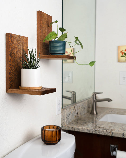 Wooden Plant Shelf - Engraved Floral Pattern - Plant Hanger, Shelves on Wall for Decor, Floating Shelf, Hanging Plant Shelf, Wall Planter