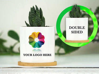 Double Sided Planter With FULL COLOR Custom Business Logo - 3" Mini White Ceramic Pot w/ Bamboo Tray - Corporate Gift - Company Gift