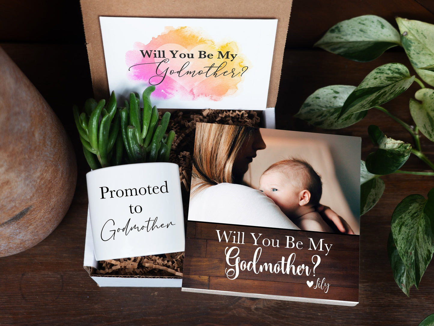 Personalized Godmother Proposal Box - Photo Block 4" or 6" + Planter + Card - Spa Gifts - Will You Be My Godmother Gift Box, Godmother Frame