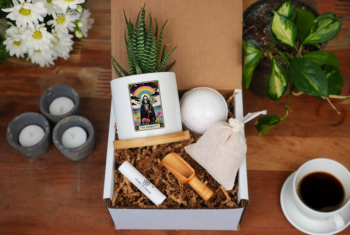 The Audacity Tarot Card Planter - White Planter 3" - Spa Gift Box, Wife Gift Idea, Tarot Card Gift, Cyberpunk Tarot, Witch mug, Witchy Gifts