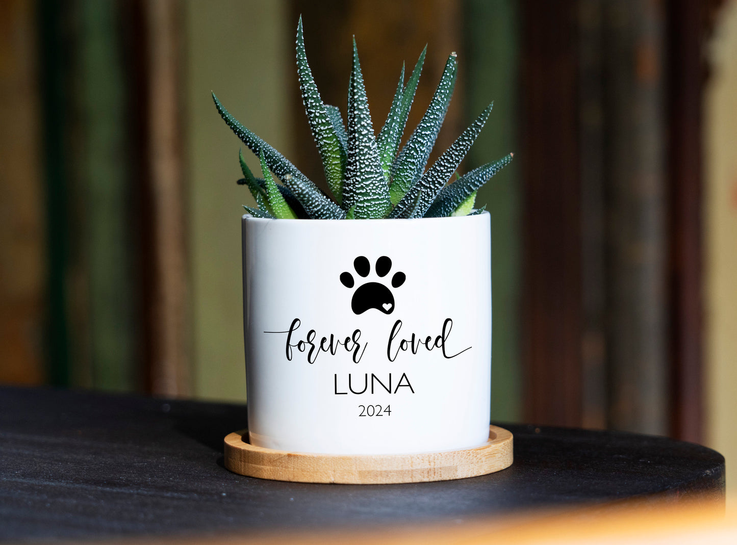Spa Gift Box - Personalized Dog Memorial Gift Planter - 3" White Ceramic Pot w/ Bamboo Tray - "Forever Loved" - Pet Memorial