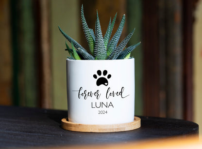 Spa Gift Box - Personalized Dog Memorial Gift Planter - 3" White Ceramic Pot w/ Bamboo Tray - "Forever Loved" - Pet Memorial