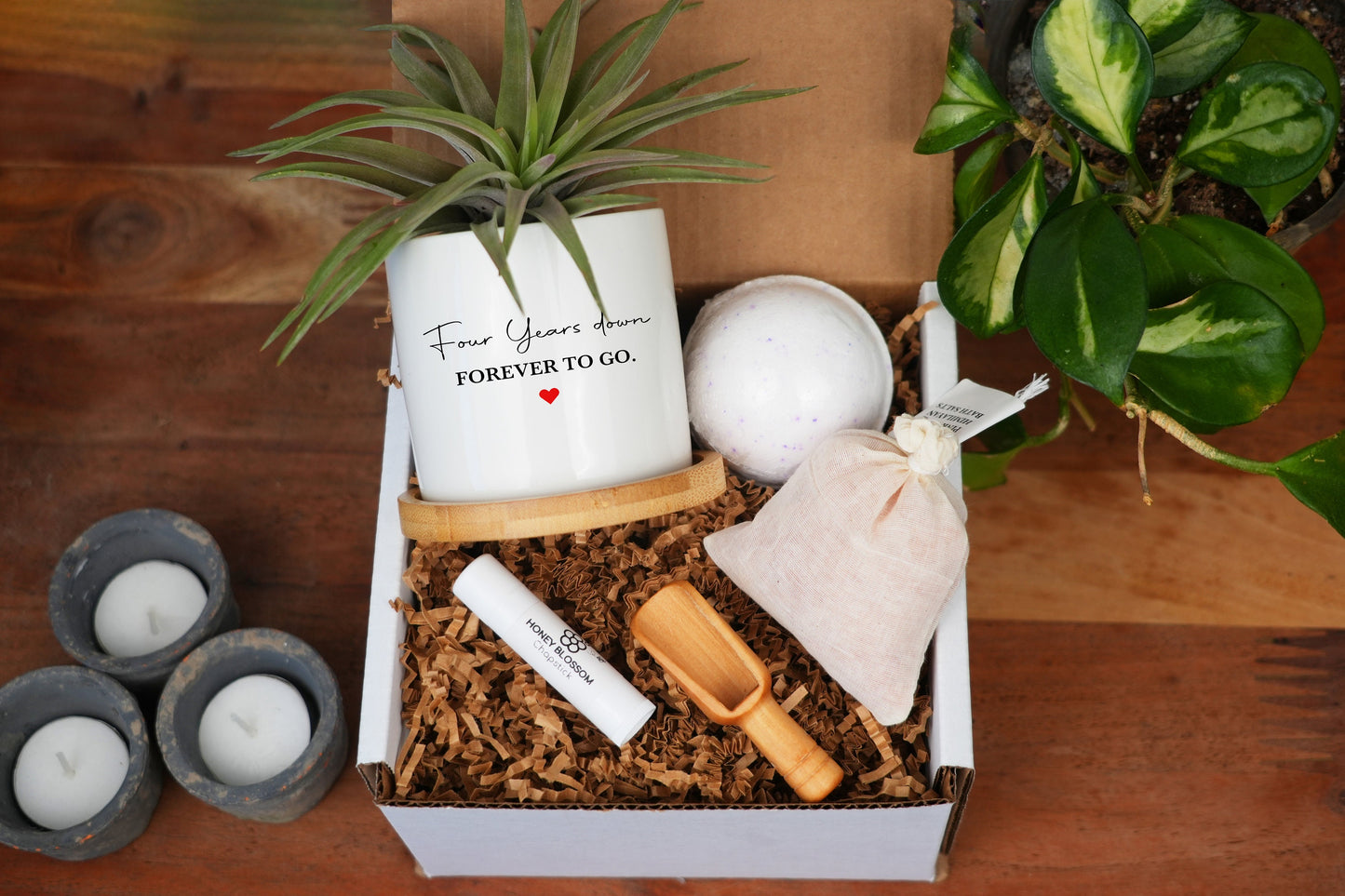 Spa Gift Box - Four Year Anniversary Gift - 3" White Ceramic Pot w/ Bamboo Tray, Spa 4th Year Anniversary, Wedding Anniversary Gift