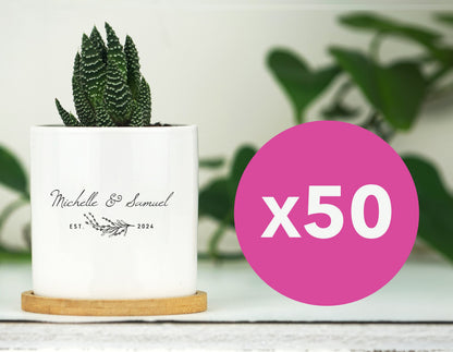 50 Planters w/ Personalized Design  - 3" Pot w/ Tray - Bulk Wedding Favors, Cheap Wedding Favors, Wedding Guest Favors, Bridal shower Favor