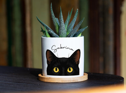 Personalized Black Cat Spa Gift Box - 3" White Ceramic Pot - Black Cat Planter, Cat Lover Gift, Cat Gifts, Cat Mom, Witchy Gifts, Cat Daddy