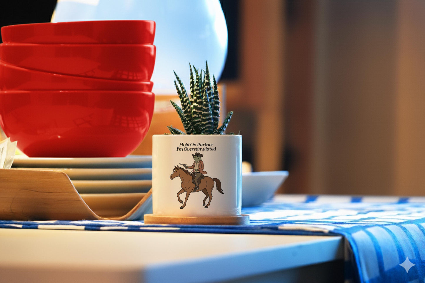 Hold On Partner I'm Overstimulated Planter - 3" Ceramic Pot w Tray - Funny Cowboy Frog Gift, Mental Health Gift, Unhinged, Coworker Gift