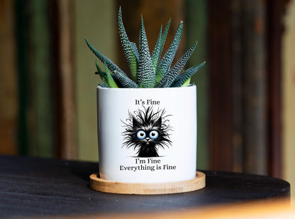 It's Fine I'm Fine Everything Is Fine Pot - 3" Ceramic Pot - Cute Black Cat Gift, Sarcasm Planter, Funny Cat Decor, Funny Gift Cat Lover