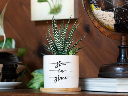 Grow In Grace Planter - 3" White Ceramic Pot w/ Tray - Kitchen Decor, Christian Home Decor, Living Room Decor, Christian Decor, Bible Gift